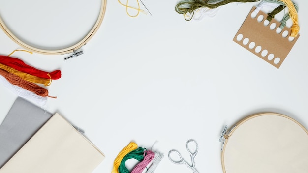 workshop table with embroidery projects